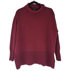 Eileen Fisher Burgundy 100% Merino Wool Turtleneck Sweater Oversized Split Hem M